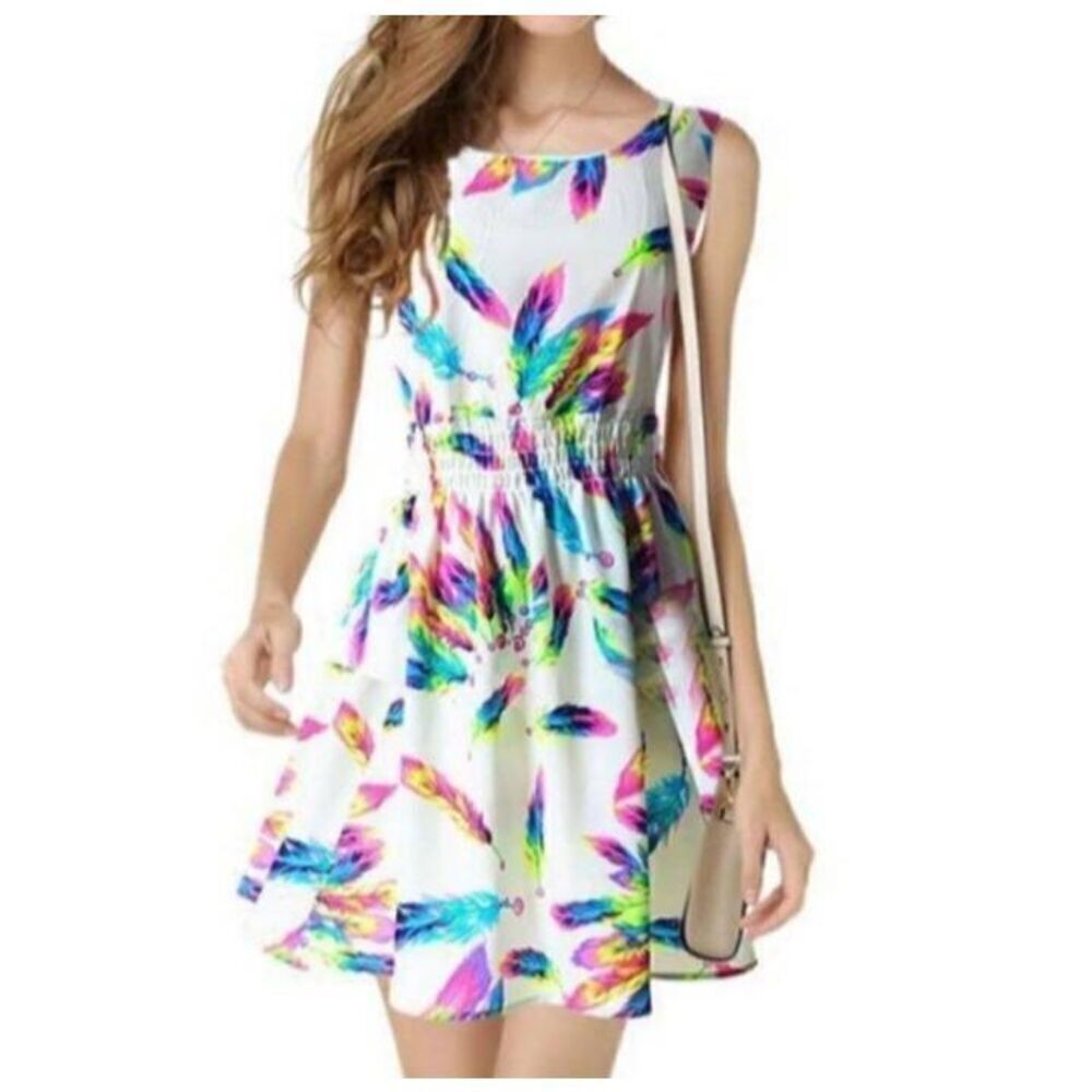 COOL FASHION MULTICOLOR FEATHER PRINT DRESS SZ.M EUC.